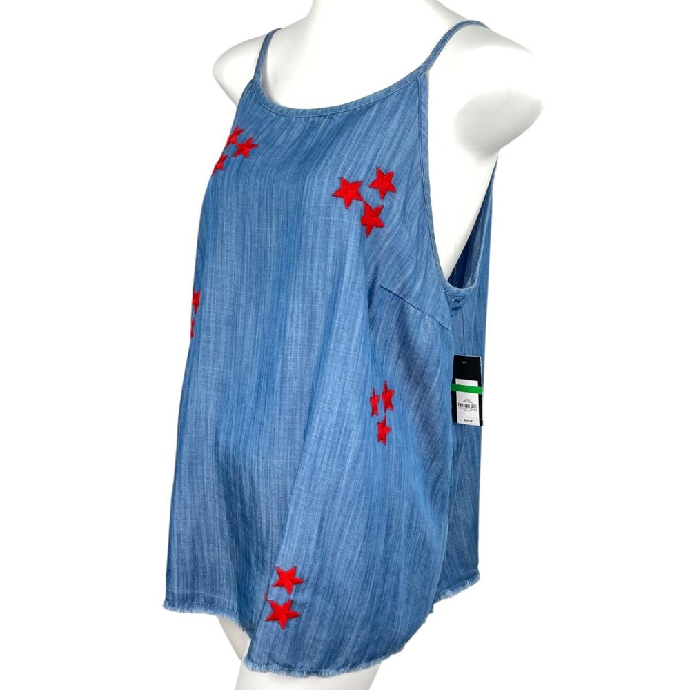 Crown & Ivy Women's L Blue Embroidered Star Tank Top Sleeveless Boho Tassel Tie